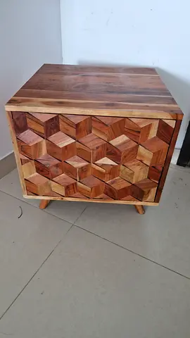Solid Wood Side Table with Geometric Carved Front