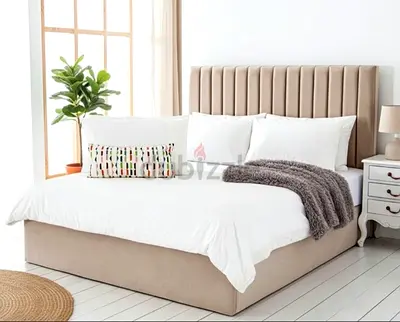 New Beige Upholstered King Bed Frame with Padded Headboard