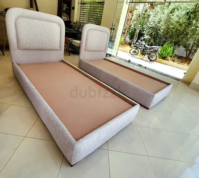 Pair of Single Upholstered Bed Frames with Headboards - Light Grey