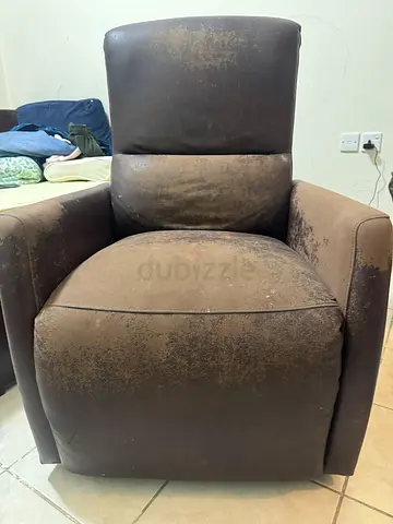 Brown suede single armchair, well-used but functional