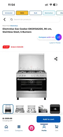 Electrolux 90 cm Stainless Steel Gas Cooker — 5 Burners, Oven Included