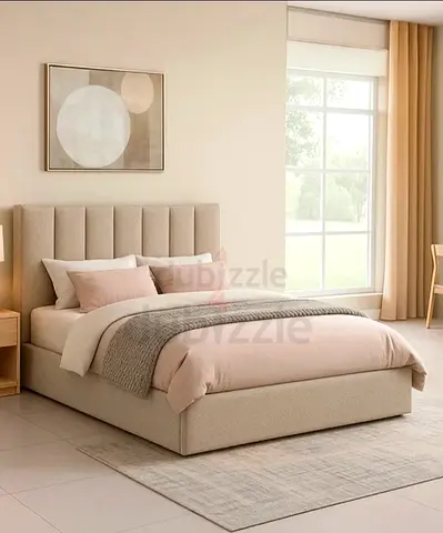 New Beige Upholstered Platform Bed with Padded Headboard - Queen