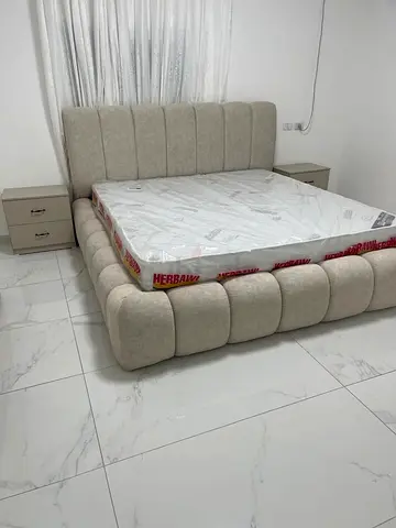 Modern Upholstered Bed Set with Mattress and Side Tables