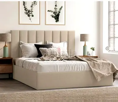 New Beige Upholstered Queen Size Bed with Padded Headboard and Mattress