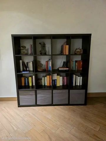 Dark brown 4x4 cube bookcase with fabric storage bins