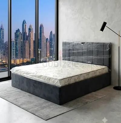 Grey fabric double bed with storage, headboard included