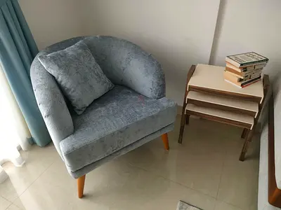 Light blue velvet accent armchair with cushion - good condition