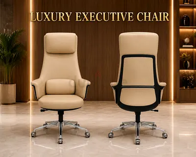 Luxury High-Back Executive Office Chair – Beige Leather Chair with Chrome Base