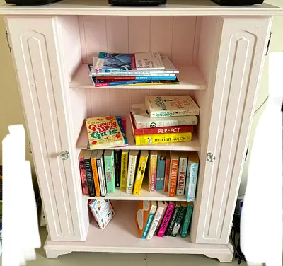 Pink cd bookcase Light pink painted pine unit