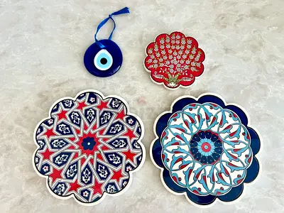 Set of 3 Turkish Tiles / Decorative Ceramic Coasters + Evil Eye Hanging