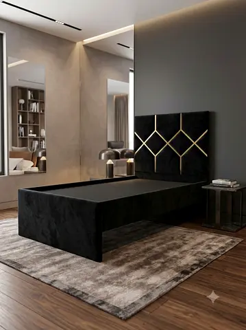 Modern Black Velvet Single Bed Frame with Geometric Headboard