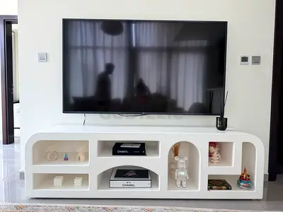 Wood and Steel TV Unit – White Curved TV Console