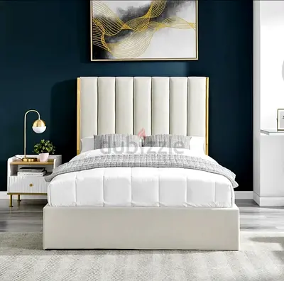 New Double Size Upholstered Bed with Tall Vertical Channel Headboard - Cream