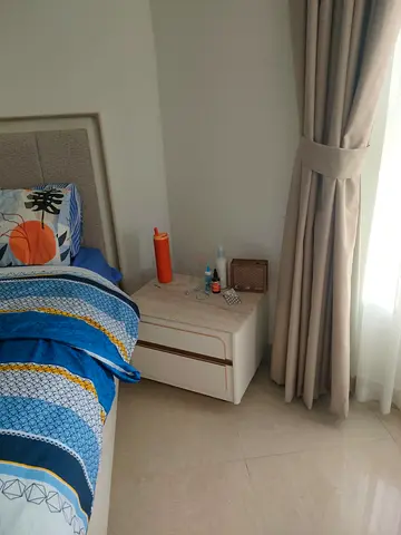 2 beige, modern, two-drawer nightstands