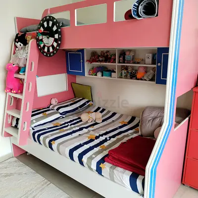 Pink Kids Bunk Bed with Storage Shelves and Ladder - Good Condition
