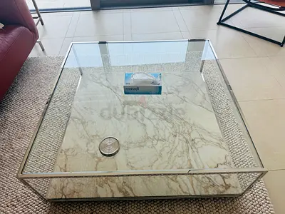 Glass Top Square Coffee Table with Marble-Style Base and Pebble Edge