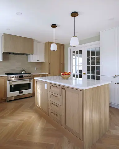 Light Wood Kitchen Island with Storage and Quartz Top