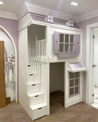 Built-in Playhouse Loft Bed for Kids — White & Lavender, Includes Storage Steps