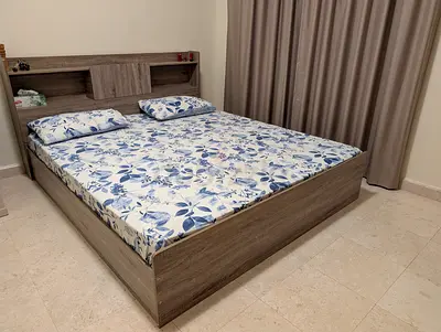 Queen size 180 by 200 cm wooden bed frame with headboard storage - excellent condition