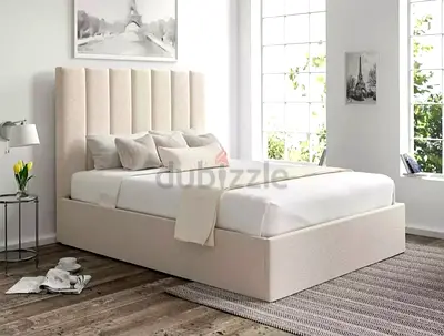 New Upholstered Fabric Double Bed with Padded Headboard - Cream