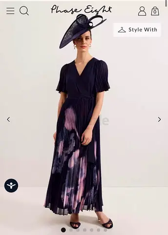 Phase Eight Navy Pleated Midi Dress with Floral Print (UK size 16 )
