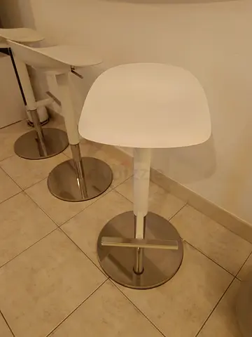 Set of 3 White Adjustable Bar Stools with Metal Base