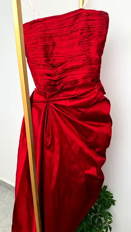 Red strapless ruched evening gown - size unknown, good condition