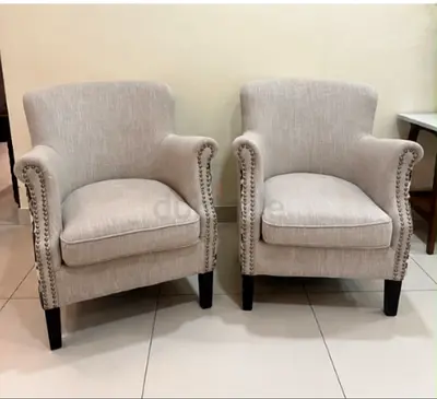 Pair of Beige Accent Armchairs with Nailhead Trim (Good Condition)