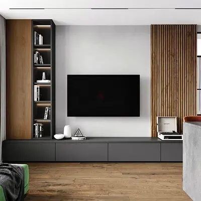 Modern wall-mounted entertainment unit with integrated shelving and TV stand