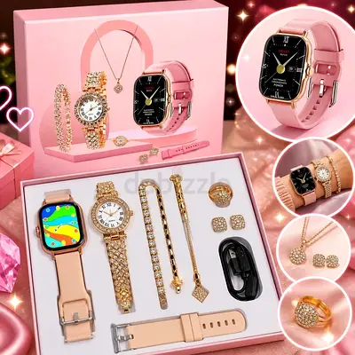 Women’s 12-piece Pink & Gold Watch and Jewelry Gift Set - New