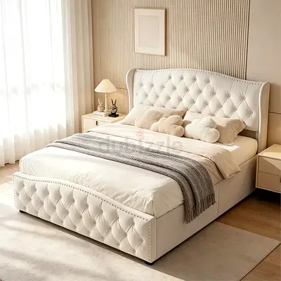 Curved wings button tufted design queen size bed frame