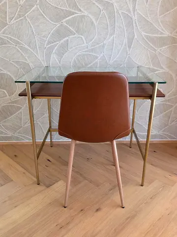 Modern Brass, Glass Top Desk and Faux Leather Chair Set