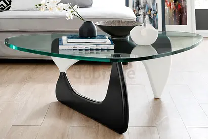 Asymmetrical free form modern glass coffee table with sculptural black & off white base