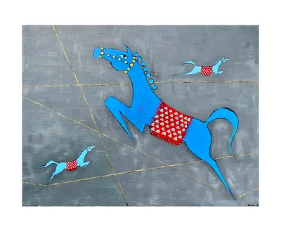 Original Contemporary Painting of Blue Horses on Grey Background