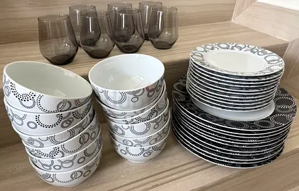 Dining crockery set — plates, bowls and glasses (used, good condition)