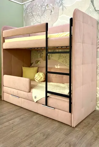 Modern Pink Upholstered Bunk Bed with Storage Drawers