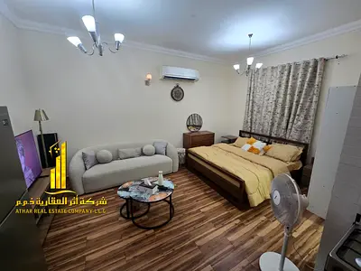 Luxury studio apartment, second occupancy. Separate kitchen and open view. Fully furnished. ✨ Ajman, Al Rawda 3. For monthly rent.