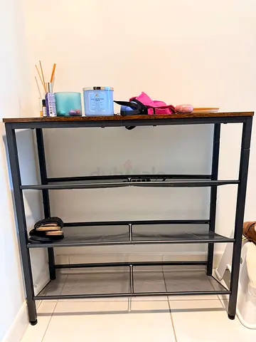 4-Tier Industrial Shoe Rack / Storage Shelf — Wood Top, Metal Frame, 25.2" W