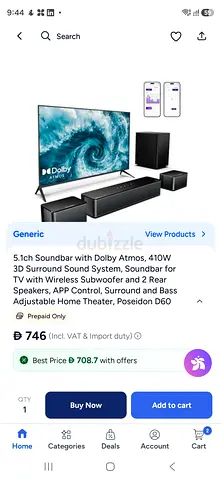 5.1ch Dolby Atmos Home Theater Soundbar System with Subwoofer and Rear Speakers