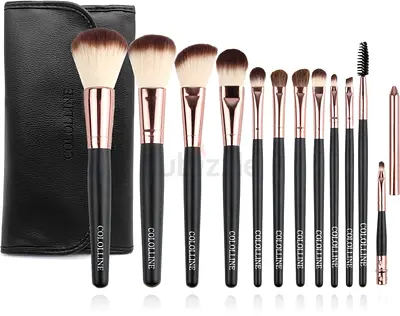 Complete 15-piece Makeup Brush Set with Leather Pouch - New