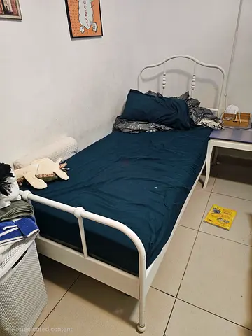 IKEA white metal single bed frame with ikea mattresses wooden slats - good condition