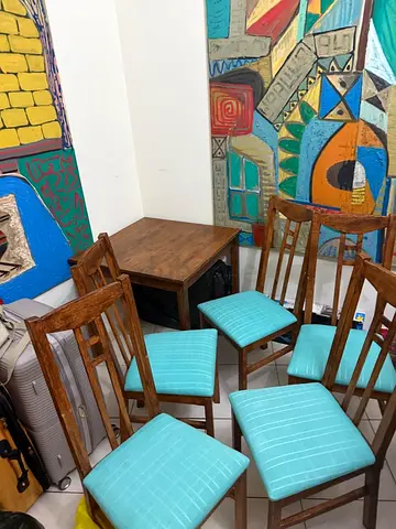 Last chance till Sunday Set of 6 Wooden Dining Chairs with Turquoise Cushions
