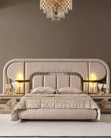 Modern Upholstered King Bed with Integrated Headboard and Side Tables