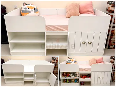 White Children's Mid Sleeper Bed with Built-in Storage and Shelves