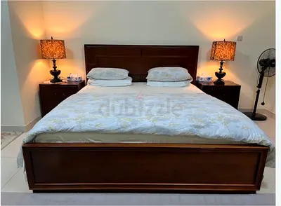 Solid Wood King Bed Frame with Two Matching Nightstands and Lamps