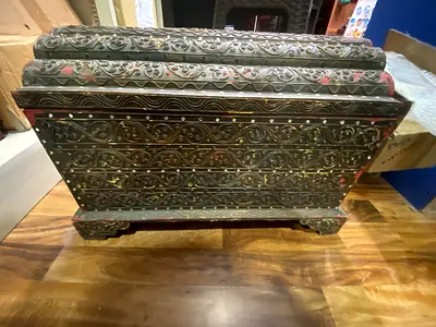 Antique Carved Wooden Chest with Metal Inlay-50cm length