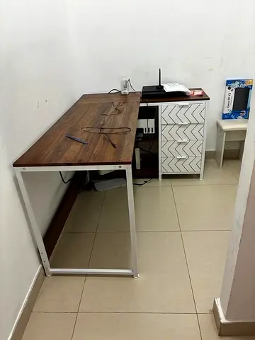 L Shaped - Wooden Top Corner Desk with Small Storage Cabinet - Good Condition