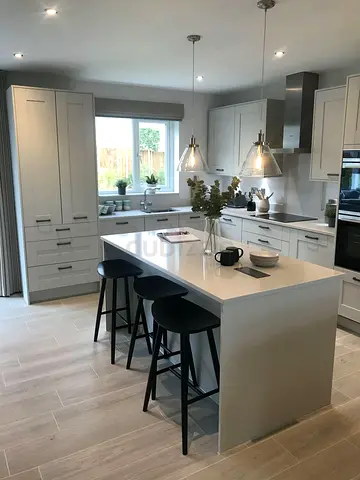 Modern kitchen island with wooden top and sides with storage