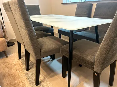 6-Seater Marble-Top Dining Table with Upholstered Chairs - Gray