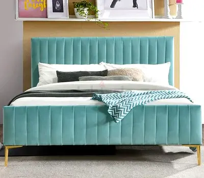 Modern Teal Velvet Upholstered Bed Frame with Gold Legs